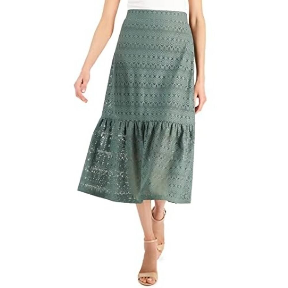 JM Collection New Womens Size XL Green Eyelet Pull-On Boho Chic Midi Skirt